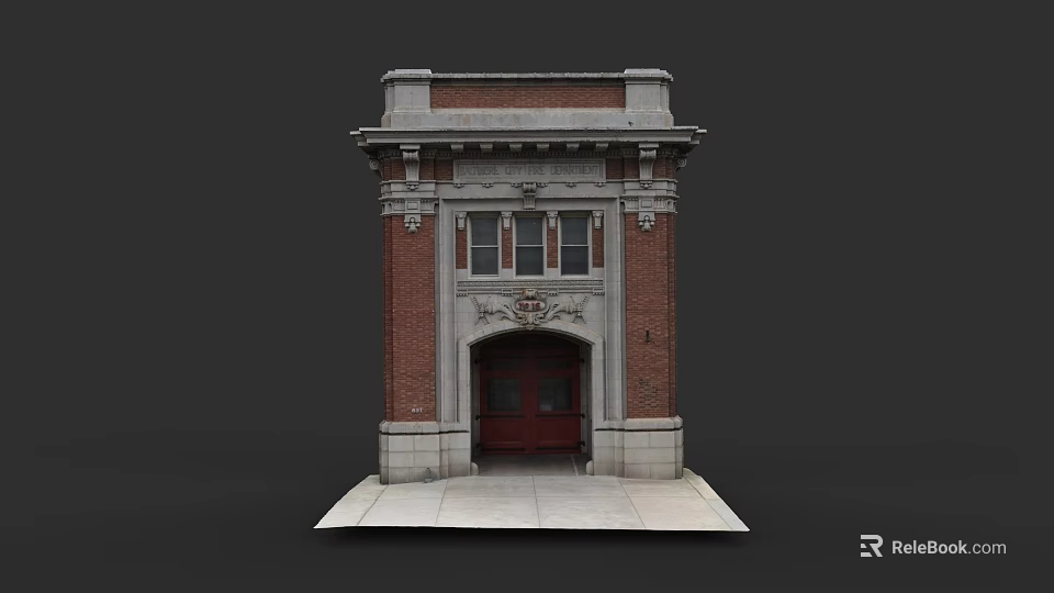 Historic Urban Building Complex With Brick Structure Red Door And Ornate Top 3d model 