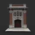 Historic Urban Building Complex With Brick Structure Red Door And Ornate Top