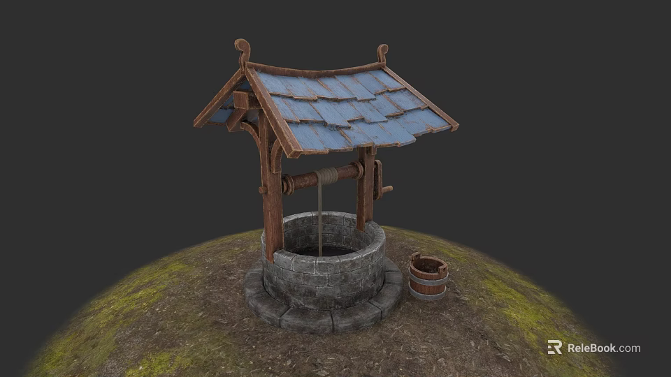 Ancient Well Structure With Wooden Tiled Roof Stone Platform And Side Wooden Bucket 3d model 
