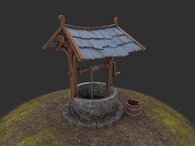 Ancient Well Structure With Wooden Tiled Roof Stone Platform And Side Wooden Bucket 3d model