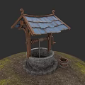 Ancient Well Structure With Wooden Tiled Roof Stone Platform And Side Wooden Bucket