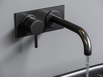 Wall Mounted Black Faucet with Dual Handle Running Water on Gray Wall 3d model