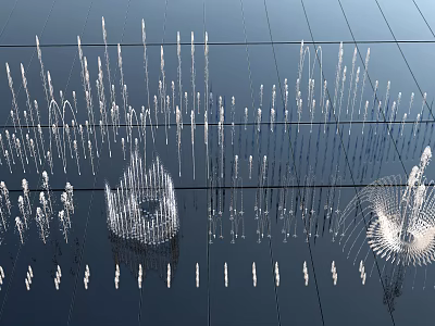 Modern Fountain With Multiple Water Jets Varying Heights And Geometric Arrangement On Dark Pavement 3d model