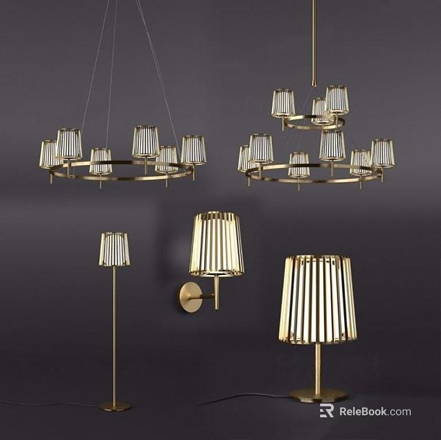 Modern Chandeliers Floor Lamps Wall Sconces Golden Frame Striped Lampshades Lighting Combination 3d model 