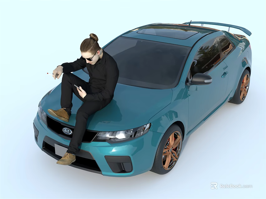 Blue Sports Car With Man Sitting On Hood Using Mobile Phone And Orange Rims 3d model 