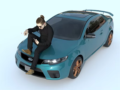 Blue Sports Car With Man Sitting On Hood Using Mobile Phone And Orange Rims 3d model