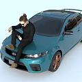 Blue Sports Car With Man Sitting On Hood Using Mobile Phone And Orange Rims