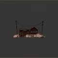 Dilapidated Red Cottage with Broken Roof and Wooden Fence Near Telephone Poles
