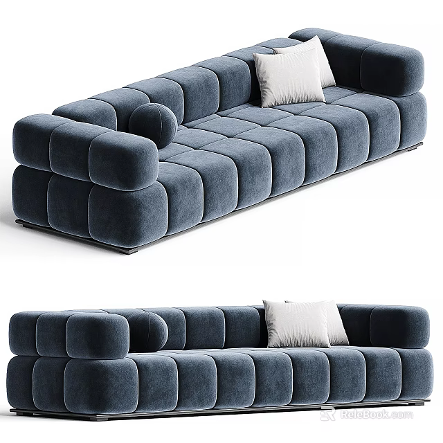 Modern Blue Velvet Sectional Sofa With Tufted Design And White Cushion 3d model 