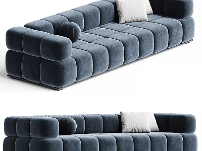 Modern Blue Velvet Sectional Sofa With Tufted Design And White Cushion 3d model