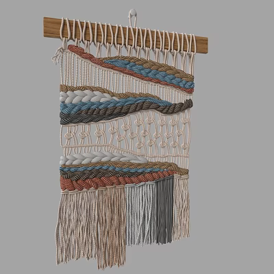 Decorative Handwoven Macramé Wall Hanging With Colorful Ropes Wavy Patterns And Tassels 3d model
