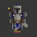 Man In Minecraft Style Knight Armor With Pixelated Design And Weapon