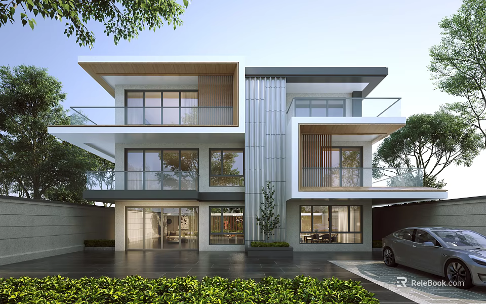 Modern Detached Villa Exterior With Two Story Glass Windows Balcony Greenery And Driveway 3d model 
