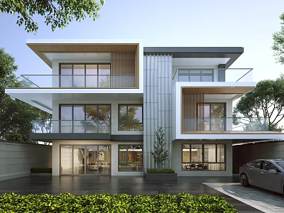 Modern Detached Villa Exterior With Two Story Glass Windows Balcony Greenery And Driveway 3d model