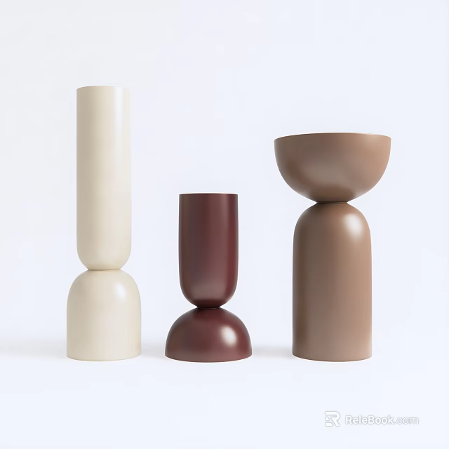 Modern Minimalist Decorative Ornament Set with Cream Burgundy Brown Cylindrical Rounded Base Pieces 3d model 