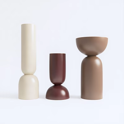 Modern Minimalist Decorative Ornament Set with Cream Burgundy Brown Cylindrical Rounded Base Pieces 3d model