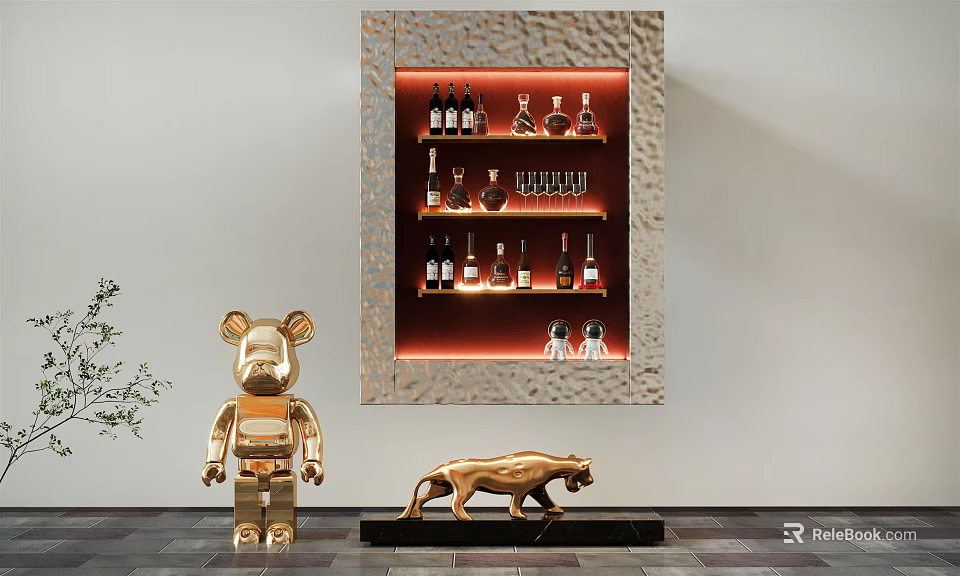 Modern Interior Display Cabinet Shelf with Wine Bottles Lighting and Decorative Sculptures 3d model 