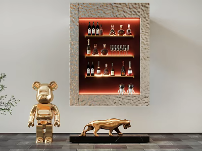 Modern Interior Display Cabinet Shelf with Wine Bottles Lighting and Decorative Sculptures 3d model