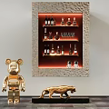 Modern Interior Display Cabinet Shelf with Wine Bottles Lighting and Decorative Sculptures