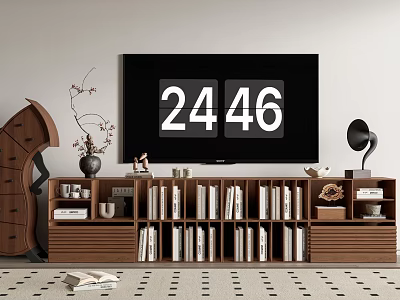 Sleek Modern Wooden TV Stand With TV Bookshelves And Decorative Items 3d model