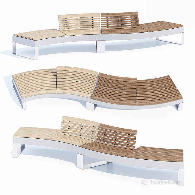 Outdoor Curved Wooden Chairs with White Metal Frame Sectional Design for Garden Patio 3d model 