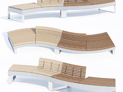 Outdoor Curved Wooden Chairs with White Metal Frame Sectional Design for Garden Patio 3d model