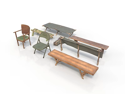 Rustic Vintage Wooden Metal Chairs With Brown Green Benches Furniture Set 3d model