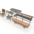 Rustic Vintage Wooden Metal Chairs With Brown Green Benches Furniture Set
