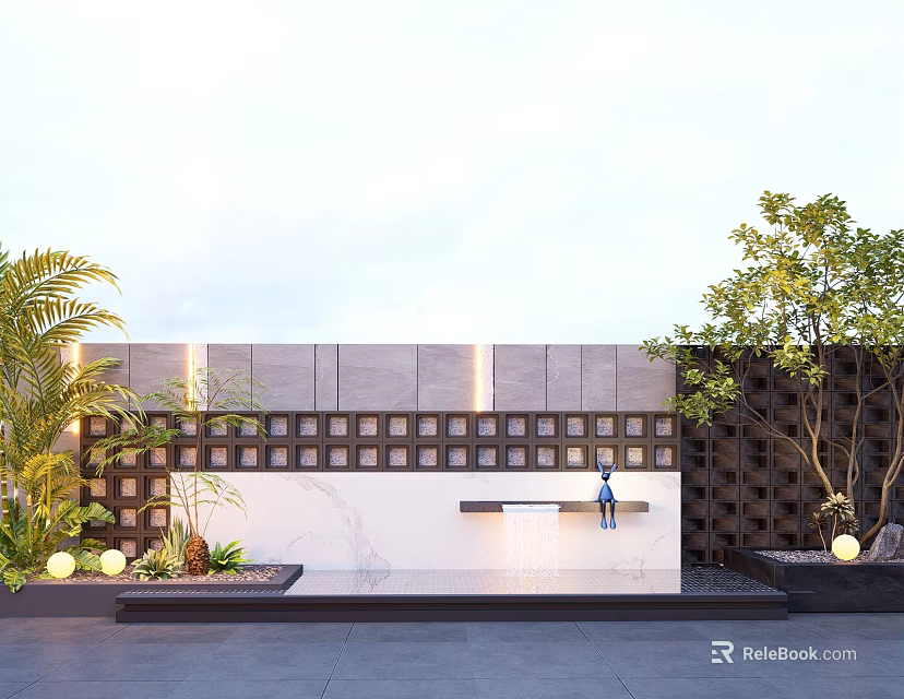 Modern Feature Wall Design With Marble Grid Pattern Plants Lighting And Water Feature 3d model 