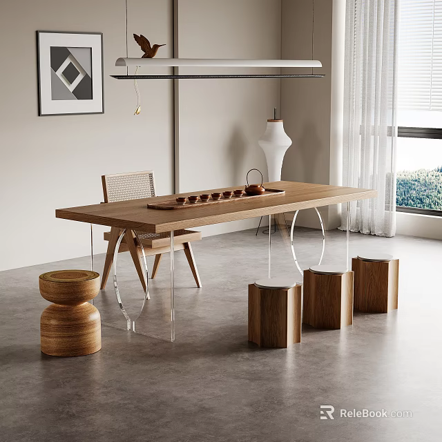 Modern Interior With Wooden Tea Table And Chairs Featuring Acrylic Stools And Tea Set 3d model 