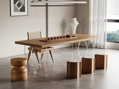 Modern Interior With Wooden Tea Table And Chairs Featuring Acrylic Stools And Tea Set 3d model