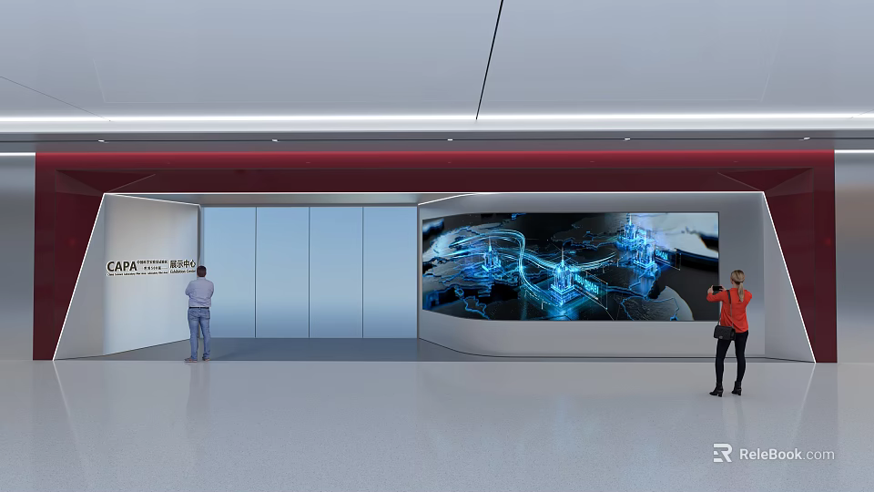 Modern Exhibition Hall Featuring Large Digital Screen Blue Tech Visuals and Visitors in Spacious Interior 3d model