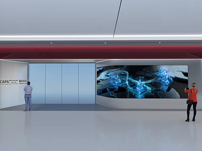 Modern Exhibition Hall Featuring Large Digital Screen Blue Tech Visuals and Visitors in Spacious Interior 3d model