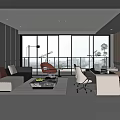 Modern Office Interior Design With Sofa Coffee Table Desk Bookshelves And Large Windows