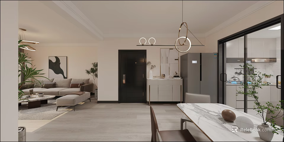 Modern Dining and Living Room Interior With Sofa Dining Table Pendant Lights And Decorative Rug 3d model 