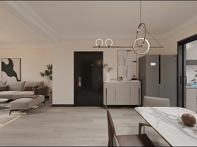 Modern Dining and Living Room Interior With Sofa Dining Table Pendant Lights And Decorative Rug 3d model