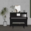 Black Piano with Sheet Music Bench Decorative Painting Potted Plant and Vase in Artistic Room