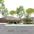 Wavy Wooden Landscape Wall Surrounded by Trees and Greenery in Paved Area