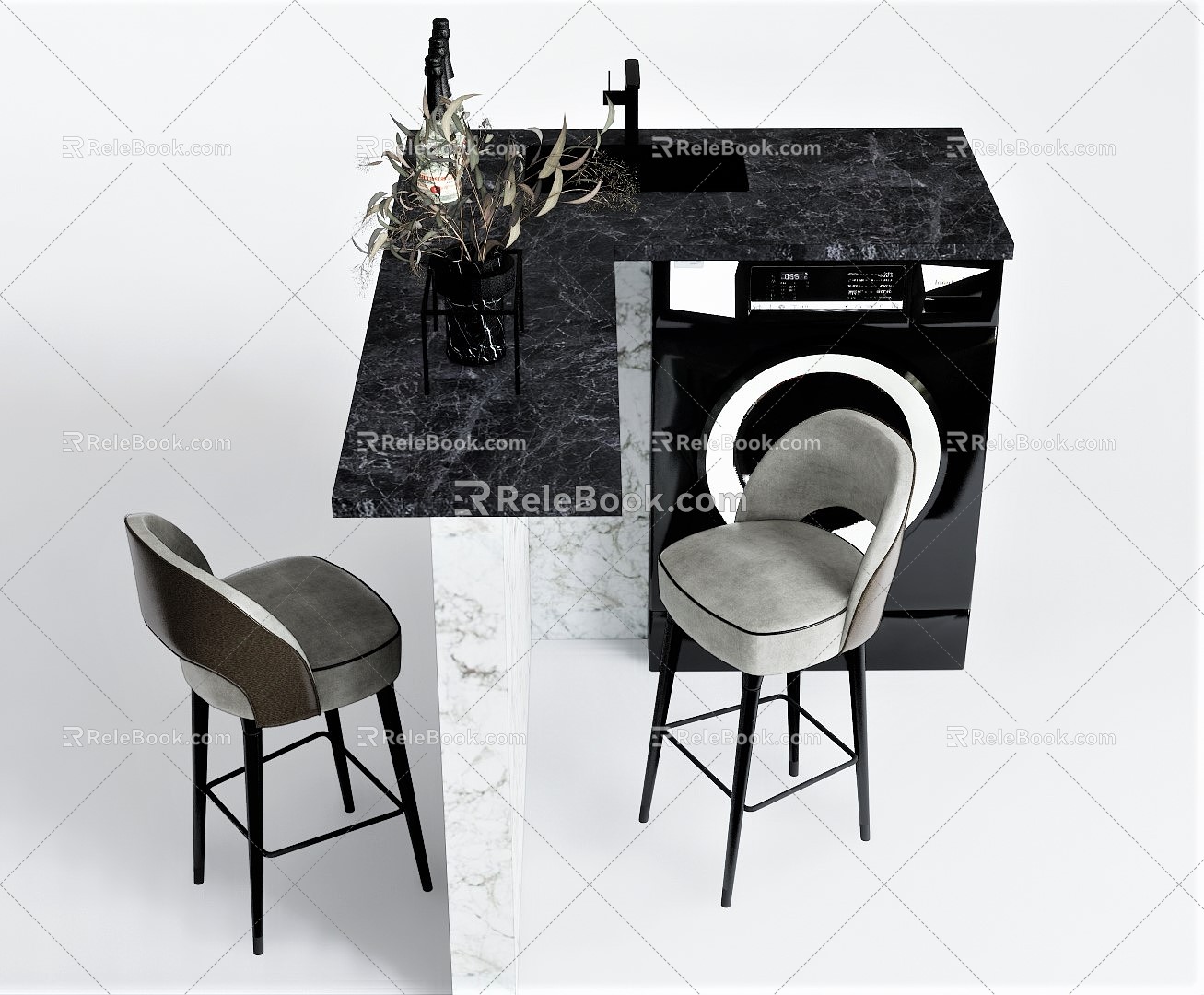 Modern Bar Chair Combination Bar Stool Fabric Bar Chair Bar Table Plant Ornaments 3d model