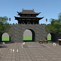 Ancient Chinese Architecture City Gate Tower Featuring Stone Walls Curved Eaves Plaza And Trees