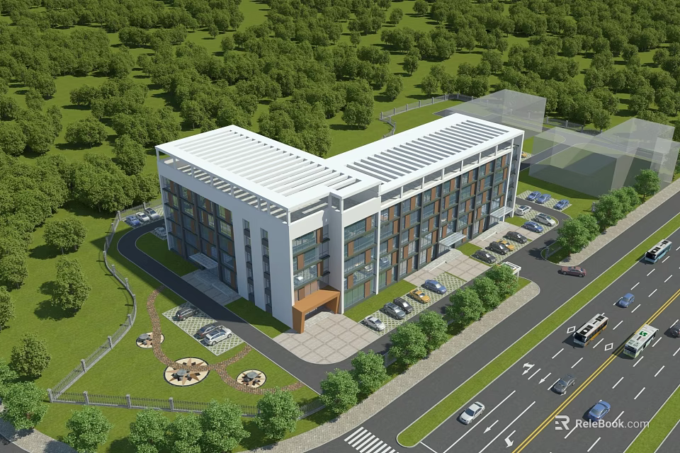 Aerial Planning View of Modern Building With Surrounding Greenery Parking Lot and Road 3d model 
