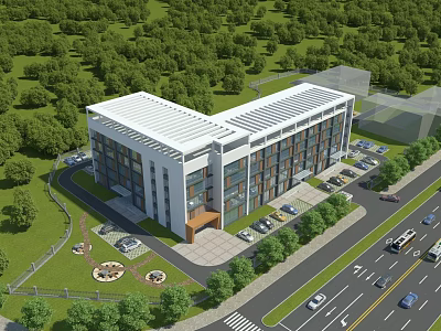 Aerial Planning View of Modern Building With Surrounding Greenery Parking Lot and Road 3d model