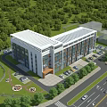 Aerial Planning View of Modern Building With Surrounding Greenery Parking Lot and Road