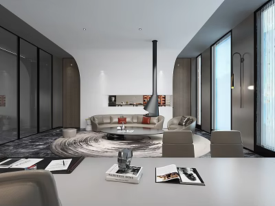 Modern Office Interior With Sofa Area Meeting Table Books And Floor To Ceiling Windows 3d model