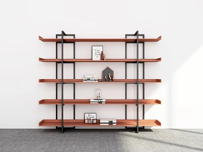 Modern Shelving Unit With Wooden Shelves And Black Metal Frame Displaying Decorative Items And Books 3d model