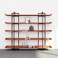 Modern Shelving Unit With Wooden Shelves And Black Metal Frame Displaying Decorative Items And Books