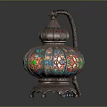 Traditional Mosaic Lantern With Colorful Glass Panels And Intricate Metal Base