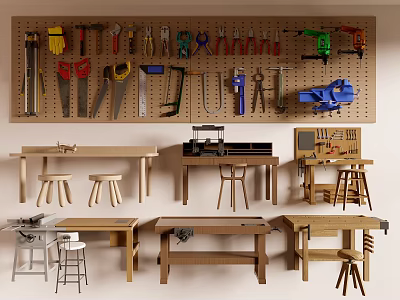 Organized Workshop Tools on Pegboard with Multiple Wooden Workbenches and Stools 3d model