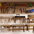 Organized Workshop Tools on Pegboard with Multiple Wooden Workbenches and Stools