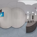 Contemporary Office Space Featuring Dark Table Gray Chairs White Walls Square Lights TV And Windows